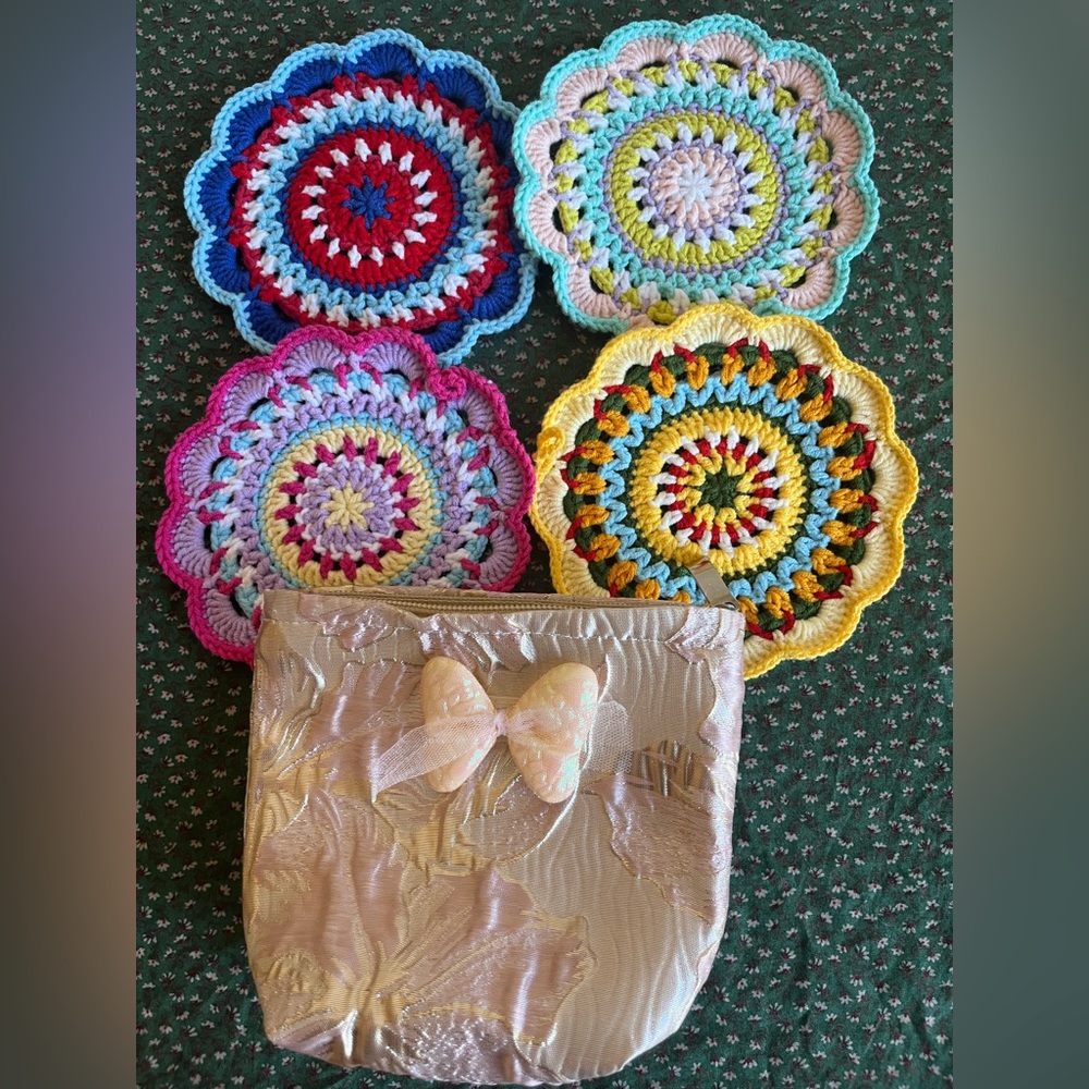 Handmade Crochet Coaster Gift Set (Set of 4) with Storage Pouch